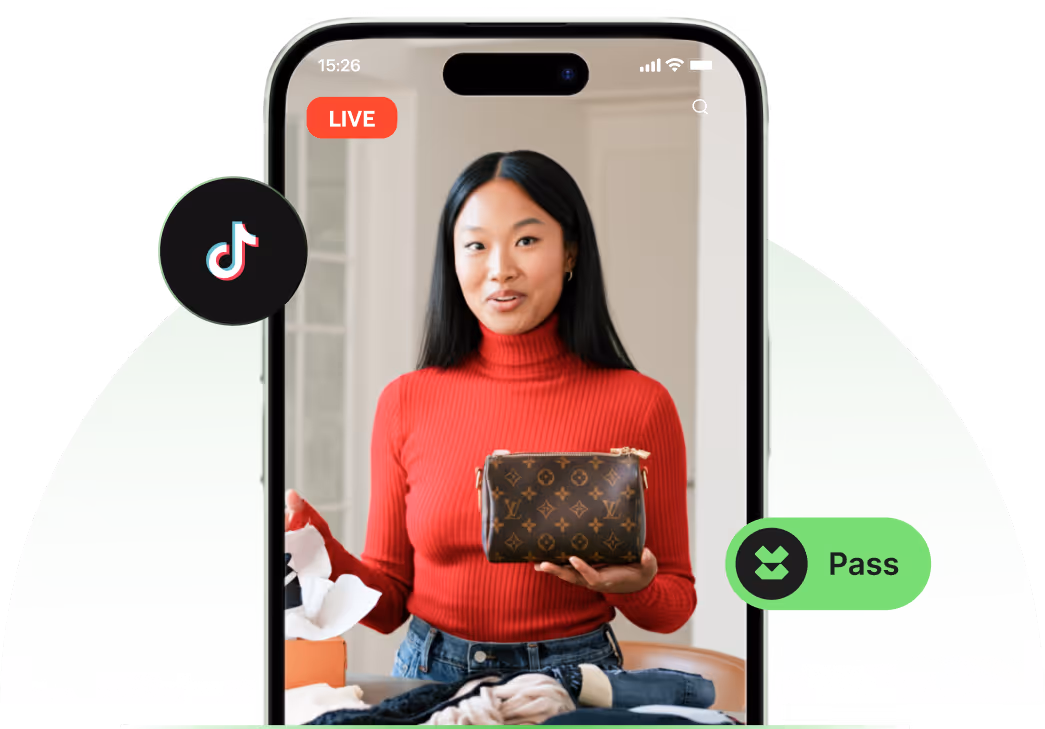 A woman reviewing an authentic approved Louis Vuitton bag in a TikTok livestream.